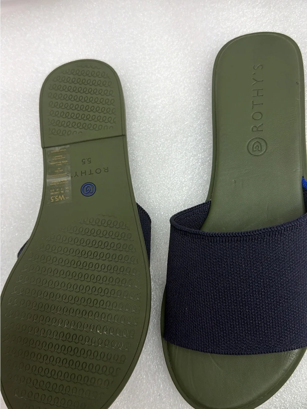 Rothy's Olive Green Footbed Slide Sandals with Navy Knit Strap new without box